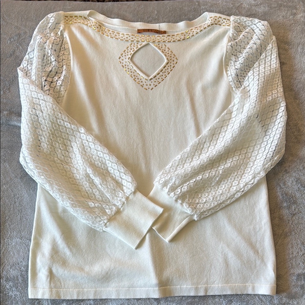 Belldini White Embellished Cut Out Light Sweater